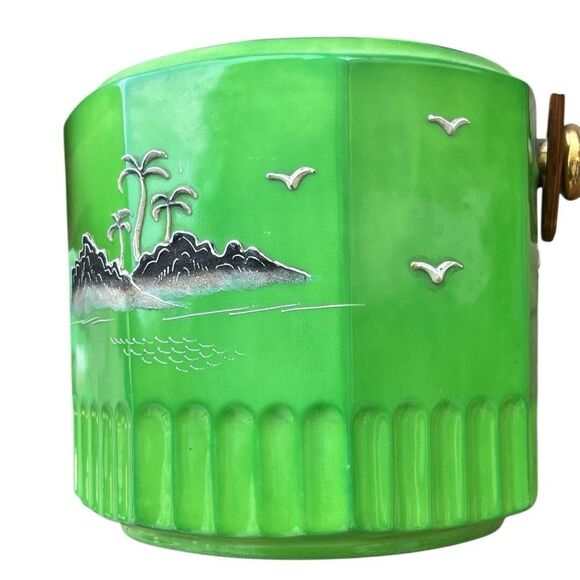 Vintage Japanese Hand-Painted Ceramic Jar with Lid & Handle – Green Pagoda Scene - Picture 4 of 14